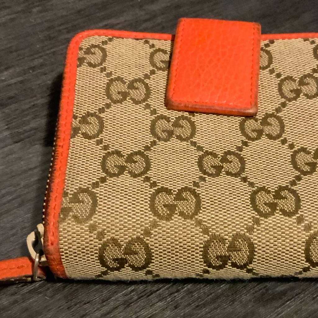 Gucci Signature Monogram Canvas Wallet With Orange Leather Trim